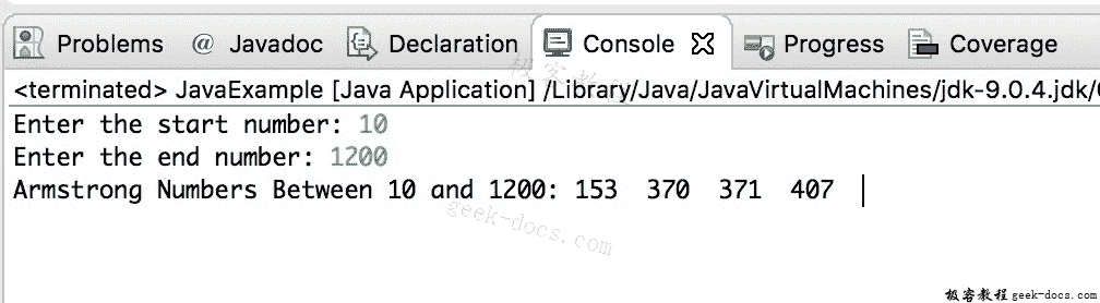 Java 实例 在给定范围之间打印 Armstrong 数字
